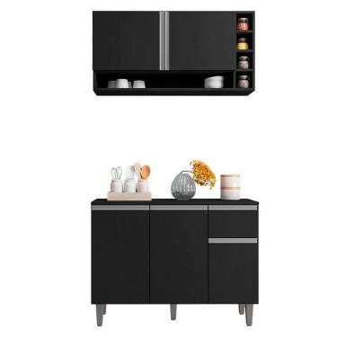 Imagem de Balcão De Cozinha E Armário Aéreo Vanessa Preto Fosco - Ajl