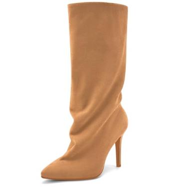 Imagem de Perisis Botas femininas despojadas cano médio pretas longas de puxar salto agulha bico fino botas de tubarão para mulheres sexy moda, Camurça-camelo, 35