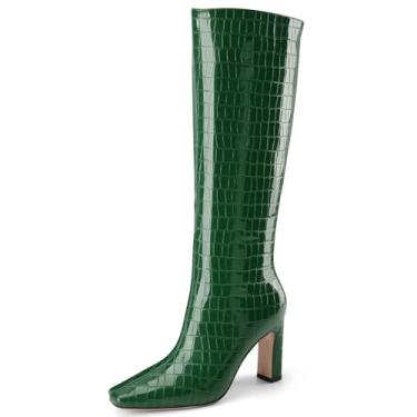 Imagem de Perisis Botas de cano alto femininas pretas longas botas altas de salto alto grosso bico quadrado padrão crocodilo botas de couro com zíper lateral para mulheres sexy, Padrão verde, 37