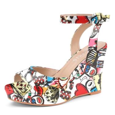 Imagem de Sandálias femininas elegantes plataforma plataforma cunha cunha ouro peep toe patente salto alto slingback confortável sapatos com tira no tornozelo, Patente vermelho grafite, 38