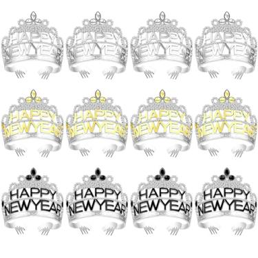 Imagem de Knitgrip 12 peças Happy New Year 2026 tiara coroa tiara coroa véspera chapéus tiara para meninas princesa ano novo lembrancinha de festa acessórios cosplay joias princesa suprimentos de festa