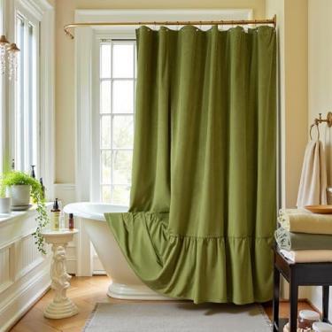 Imagem de MUGINYU Cortina de chuveiro de veludo verde sálvia - Cortina de banho Shaby Chic com babados resistente 182 x 182 cm para banheiro, hotel de luxo, 12 ganchos, fazenda francesa, campo, estética