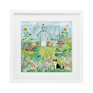 Imagem de Stupell Industries Estufa de jardim e gato impressão emoldurada branca sob vidro, design por Clare Tupper, 40,6 x 40,6 cm