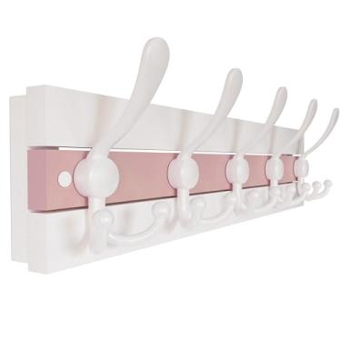 Imagem de SKOLOO Cabide de parede costeiro – Gancho de madeira para entrada de casa de praia de 43 cm com 5 ganchos para pendurar casacos, chapéus ou toalhas, coleção de cabanas à beira-mar, branco e rosa Palm