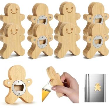 Imagem de Vesici 12 peças abridor de garrafas magnético 6,3 cm faça você mesmo pão de gengibre de bambu em forma de homem abridores de cerveja ímã de geladeira de madeira adesivo presente para amantes de