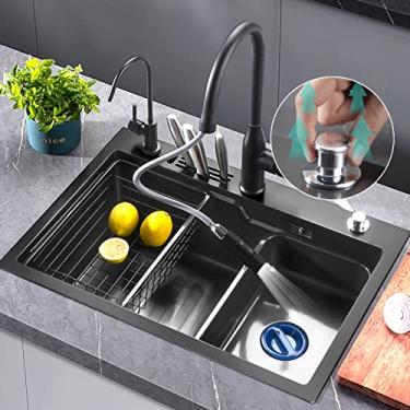 Imagem de HGTRH Evier Cuisine 1 Bac INOX Brossé, Evier Cuisine INOX 1 Bac Avec Egouttoir, Evier Sous Plan Granit Noir, éVier de Cuisine D'Angle Pour Laver La Vaisselle, anti-reflexo, 68 x 35 BR