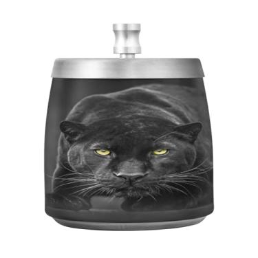 Imagem de Qilmy Cinzeiro de aço inoxidável leopardo preto legal com tampa - Cinzeiro de cigarro à prova de vento sem cheiro sem fumaça para casa, escritório, carro, pátio, varanda (uso interno e externo)