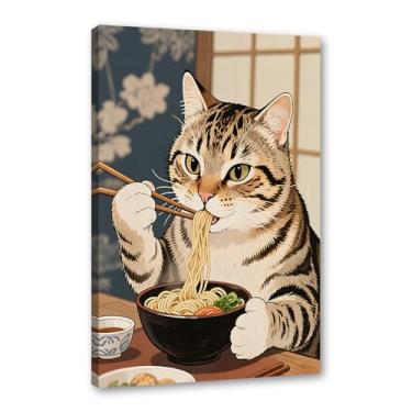 Imagem de Arte de parede em tela de gato preto engraçado vintage japonês gato comendo ramen imagem única amante de gatos para decoração de parede de cozinha e sala de jantar (SKU6,12 x 45,7 cm = (30 x 45 cm