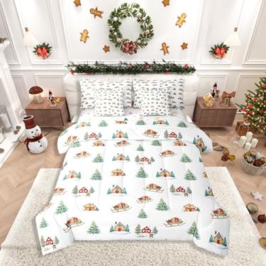 Imagem de Erosebridal Conjunto de edredom solteiro Feliz Natal com lençol – 7 peças, desenho animado de pinheiro, cama de solteiro em uma bolsa com edredom, lençóis, fronhas e fronhas