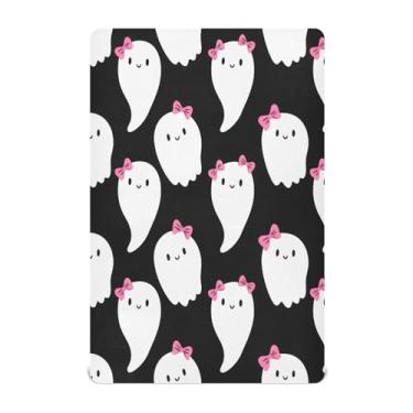 Imagem de JUZIHAI Lençol de berço de Halloween fofo fantasmas para meninos e meninas, macio e elástico respirável para berço padrão e cama infantil, 132 x 71 cm