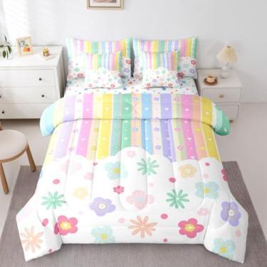 Imagem de Feelyou Jogo de cama de 7 peças, listrado, arco-íris, flores fofas, com lençol para crianças, meninos, meninas, listras, coloridas, estilo princesa, macio e leve