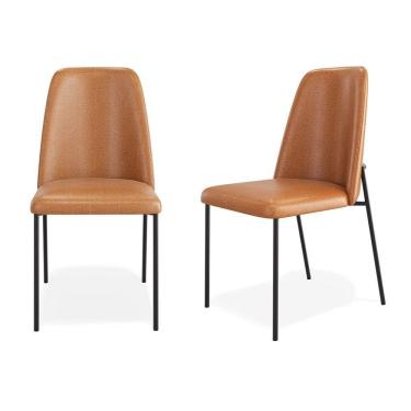 Imagem de Kit 02 Cadeiras Sala De Jantar Lior Com Encosto Estofado Base Preta Couríssimo Whisky - Desk Design