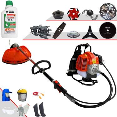 Imagem de Cortador de Grama Costal Terra 43cc Carretel + Facas 2 Pontas, 3 Pontas, 6 Pontas, 40 Dentes, 80 Dentes, Trimmer, Escova e Enxada + Óleo Stihl + EPI