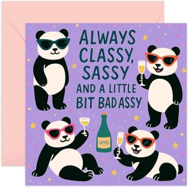 Imagem de Cartões de aniversário engraçados para mulheres, Classy Sassy and Bad Assy, design fofo de panda para ela - Bestie, BFF, Daughter - quadrado, em branco por dentro com envelope premium