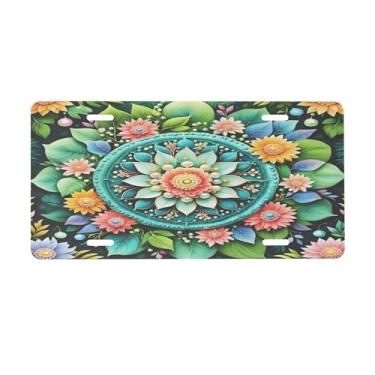 Imagem de Placa de licença de flor de mandala verde para placas dianteiras de carro alumínio metal adequado para caminhão, placa de porta de carro, bar, café, acessórios automotivos para homens e mulheres 15 x