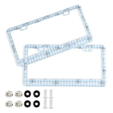 Imagem de SEHANY Lindas molduras de placa de licença de arco azul, moldura de placa de carro de alumínio à prova de ferrugem com orifícios elípticos e parafusos serve para acessórios de carro de tamanho padrão