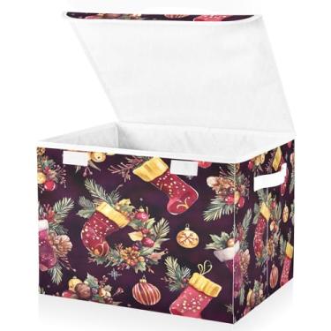 Imagem de Blueangle Cestos de armazenamento de meias de Natal com tampas, 42 x 32 x 30 cm, grande cesta organizadora dobrável para decoração de escritório e armário (204)