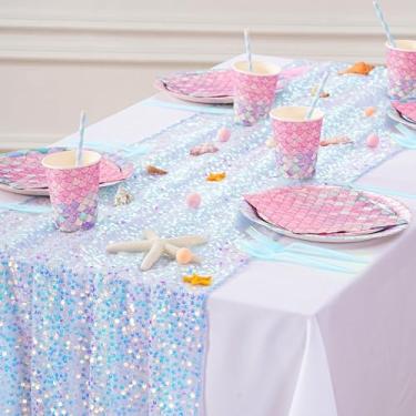 Imagem de Caminho de mesa de lantejoulas azul iridescente 63 x 300 cm elegante para decoração de mesa de casamento, festa de aniversário, cerimônias