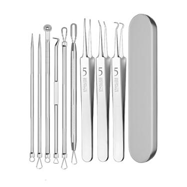 Imagem de Kit profissional de ferramentas de remoção de cravos 9 em 1 com pinças de aço inoxidável e estojo de viagem, prata