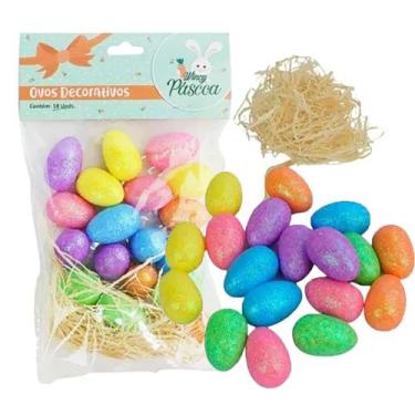 Imagem de Kit Decoração Páscoa 18 Ovinhos Isopor (2 X 2,5) Glitter Com Palha Dec