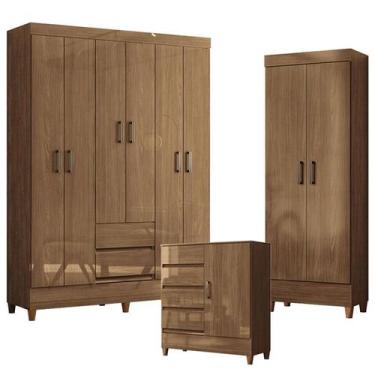 Imagem de Guarda Roupa Casal 6 Portas com Pés e Cômoda 1 Porta e 4 Gavetas e Arm