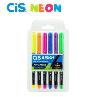 Imagem de Kit Estojo 6 Caneta Marcador Pincel Brush Pen Neon Cis