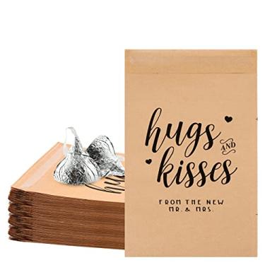 Imagem de AnyDesign 150 peças de lembrancinha de dia dos namorados sacos de buffet de doces autoadesivos sacos de petiscos de casamento papel kraft rústico marrom saco de biscoito abraços e beijos sacos de lembrancinha de festa de casamento para presentes, 12 x 18 centímetros
