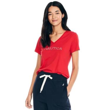 Imagem de Nautica Camiseta feminina Easy Comfort Supersoft 100% algodão clássico logotipo, (Coleção com decote em V 2024) Tomales Red, M