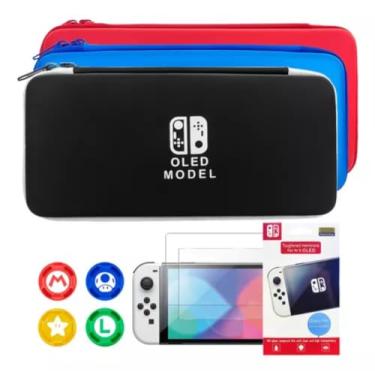 Imagem de Case Capa Estojo Para Nintendo Switch Oled Porta Jogos + Película De Vidro + 4 Grip Mario Personalizado Luxephagames (preto)
