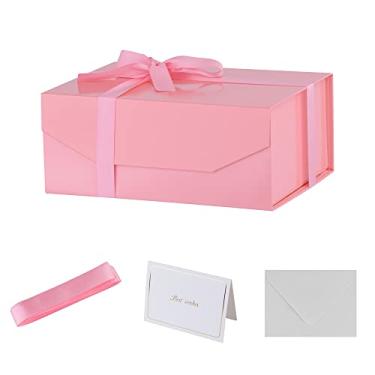 Imagem de PACKGILO 1 caixa de presente rosa com fita de 24 x 18 x 10 centímetros, caixa de presente resistente com tampa para embalagem de presente, caixas de armazenamento com fechamento magnético dobráveis, caixa de pedido de dama de honra retangular dobrável