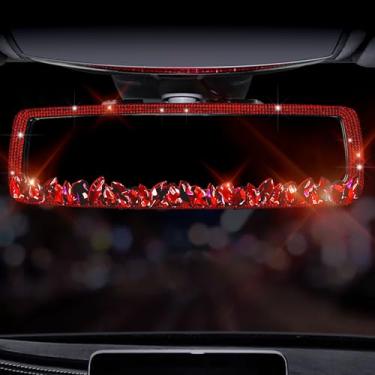Imagem de Murimt Espelhos retrovisores de carro brilhantes decorações espelho retrovisor com strass de vidro HD espelhos interiores automotivos acessórios de carro brilhantes para mulheres (HSJ-pedra vermelha)