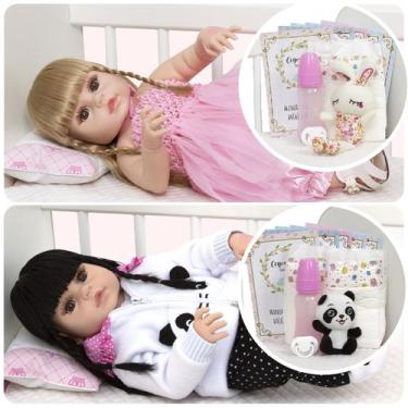 Imagem de 2 Boneca Reborn Silicone Gêmeas Pandinha Coelhinha Enxoval - Cegonha R