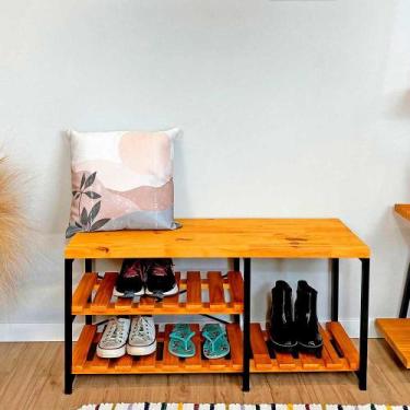 Imagem de Sapateira Banco Sarrafeada Style Industrial de Ferro e Madeira Carvalh