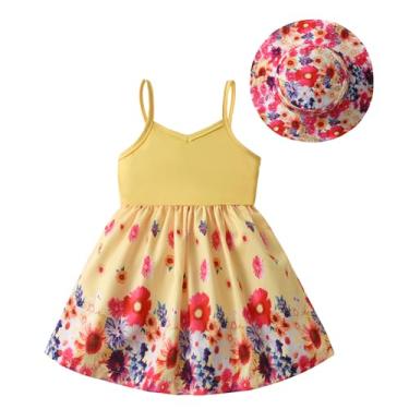 Imagem de Derouetkia Vestido infantil de verão, frente única, sem mangas, floral, vestido de praia com chapéu, Amarelo, 6-9 Meses