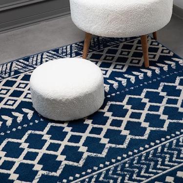 Imagem de CAMILSON Tapete de área marroquina Boho, 1,82 m x 2,3 m, geométrico, design de diamante para sala de estar quarto fácil de limpar sem queda azul marinho/creme tapetes de área interna boêmio (6x9)