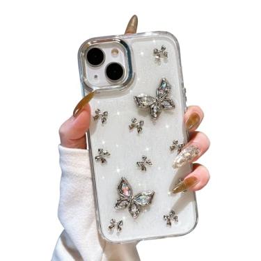 Imagem de EYZUTAK Capa para iPhone 14 Plus, capa de telefone com laço de borboletas 3D brilhantes com laço cristalino bonito capa estética fina macia durável TPU transparente capa protetora para mulheres