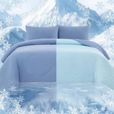 Imagem de Quataly Jogo de edredom refrescante com lençóis e fronhas, cobertor refrescante para dormir quente, gelo frio, dupla face, azul, tamanho king, 4 peças (edredom + lençol com elástico + 2 fronhas)