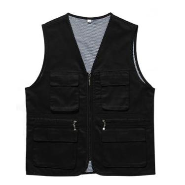 Imagem de Colete De Pesca Ao Ar Livre Para Homens, Colete Sem Mangas Com Vários Bolsos Malha Respirável Pesca Trabalho Foto Cargo Zíper, Roupa De Trabalho Ripstop Para Fotografia Ao Ar Livre(Black,Large)
