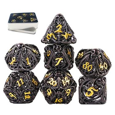 Imagem de Hollow Metal Dice Set Polyhedral Skull DND Dungeons and Dragon Dice Game Play Mat Magic 7 Pcs Dice D&D Gifts Box Blue Elf Cool Pathfinder Card Gaming RPG MTG Math Stone(Skull_Black Plus Gold)