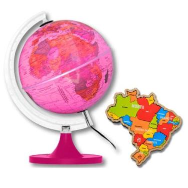 Imagem de Globo Terrestre Luminoso Aquarela Rosa + Quebra Cabeça Mapa de Madeira