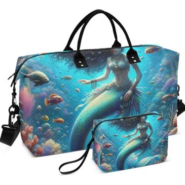 Imagem de Fantasia Vintage Tartaruga Marinha Arte Bolsa de Viagem Bolsas de Higiene Pessoal Conjunto de 2, Bolsas de Ginásio de Animais Bolsas de Mão para Aviões, Fantasy Mermaid Sea Blue, Clássico