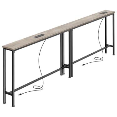 Imagem de SUPERJARE Mesa de console estreita de 14 cm com tomada, conjunto de 2 mesas de sofá, comprimento total 190 cm, atrás da mesa de sofá, mesas de entrada longas com estação de carregamento, para sala de