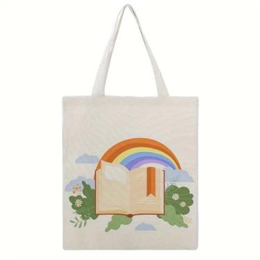 Imagem de Sacola feminina Sakura Mountains tinta oriental reutilizável resistente bolsa de compras bolsa de compras bolsa de ombro bolsa de ombro para viagem de academia, Livro de leitura, arco-íris, nuvens