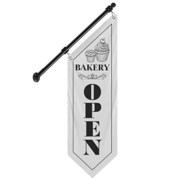Imagem de QSUM Bandeira de parede de padaria, faixa de lona dupla face com poste e suporte de aço inoxidável, placa de pendurar ao ar livre para exibição de pão fresco, pastelaria e produtos assados (branco-B
