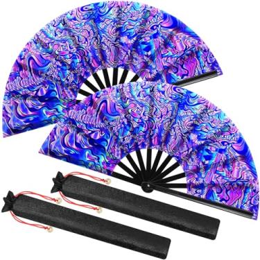 Imagem de Boao 2 peças de leques de mão dobráveis grandes para homens e mulheres Fã de festival chinês dobrável UV Glow Fan com bolsas para dança em linha, kungfu, festa de festival de música, disco
