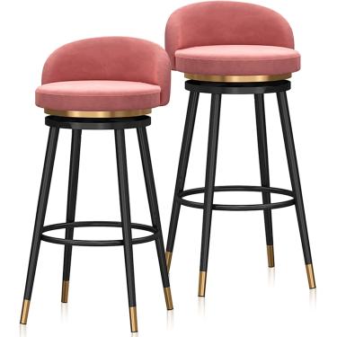 Imagem de Conjunto De 2 Banquetas Giratórias Modernas Estofadas Em Veludo Com Encosto, Apoio Para Os Pés Bancos Redondos Para Casa De Pub, Pink, Black