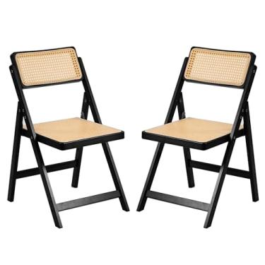 Imagem de Tiita Conjunto de 2 cadeiras de jantar de vime, cadeiras dobráveis modernas de meados do século, cadeiras de jantar dobráveis de bambu para espaços pequenos, sala de jantar, sala de estar, quarto