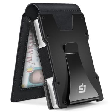 Imagem de Carteira masculina com clipe de dinheiro fina para presente masculina no bolso frontal com 15 cartões - Estojo de metal para cartão de crédito com flip magnético, Preto Napa, Minimalista