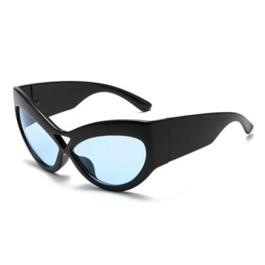Imagem de Óculos de sol estilo gatinho com armação grande, estilo retrô, feminino, com lentes espelhadas, UV400 (preto e azul)