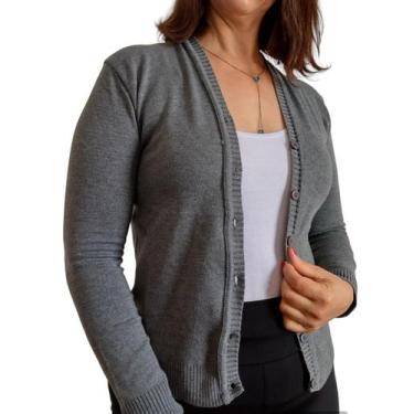 Imagem de Blusa Tricô Cardigan Feminino Suéter Casaquinho com Botões Gola V Cinz